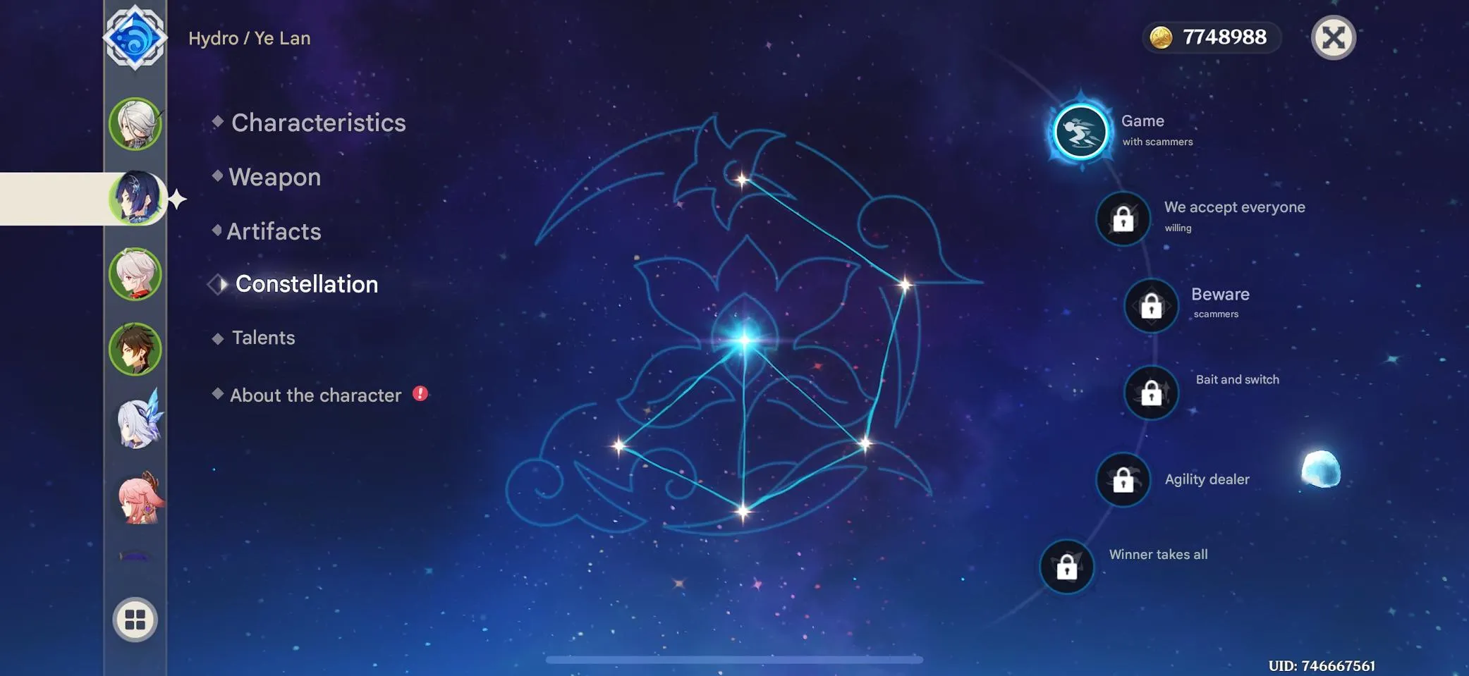 GI995 Powerful AR60 Europe Account Skirk C2, Furina C2, E Lan C2, Raiden C2, Arlecchino, Nahida, Nilou, Neuvillette 